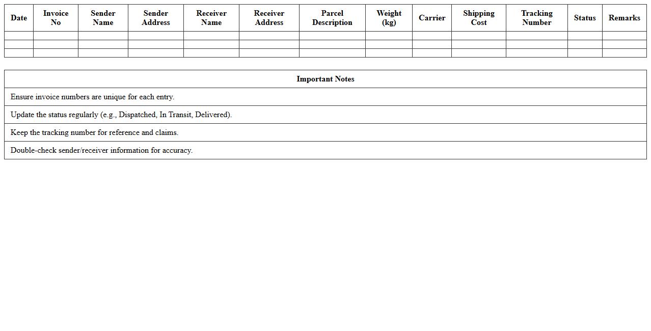 Parcel Shipping Invoice Register Template