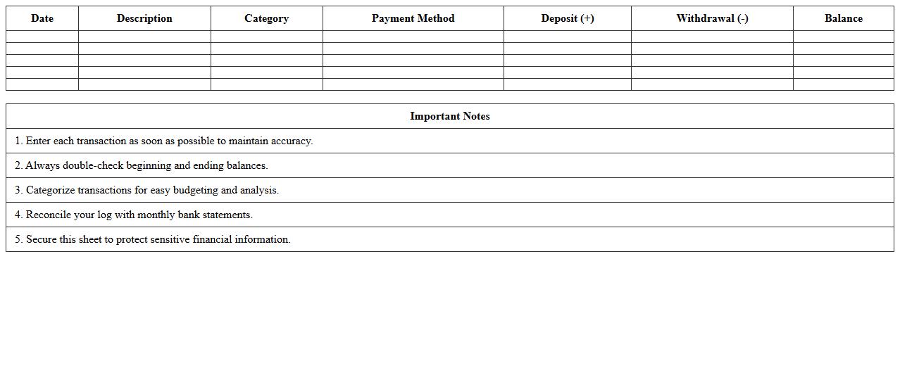 Personal Bank Account Activity Log Spreadsheet