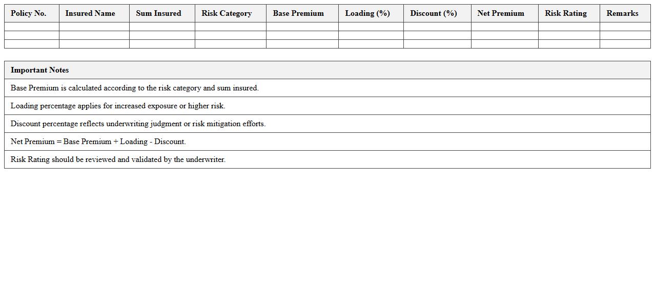 Premium Calculation and Risk Rating Workbook
