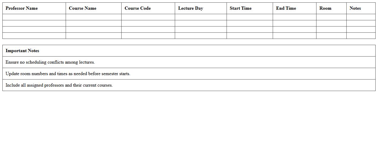 Professor Lecture Schedule Excel Sheet