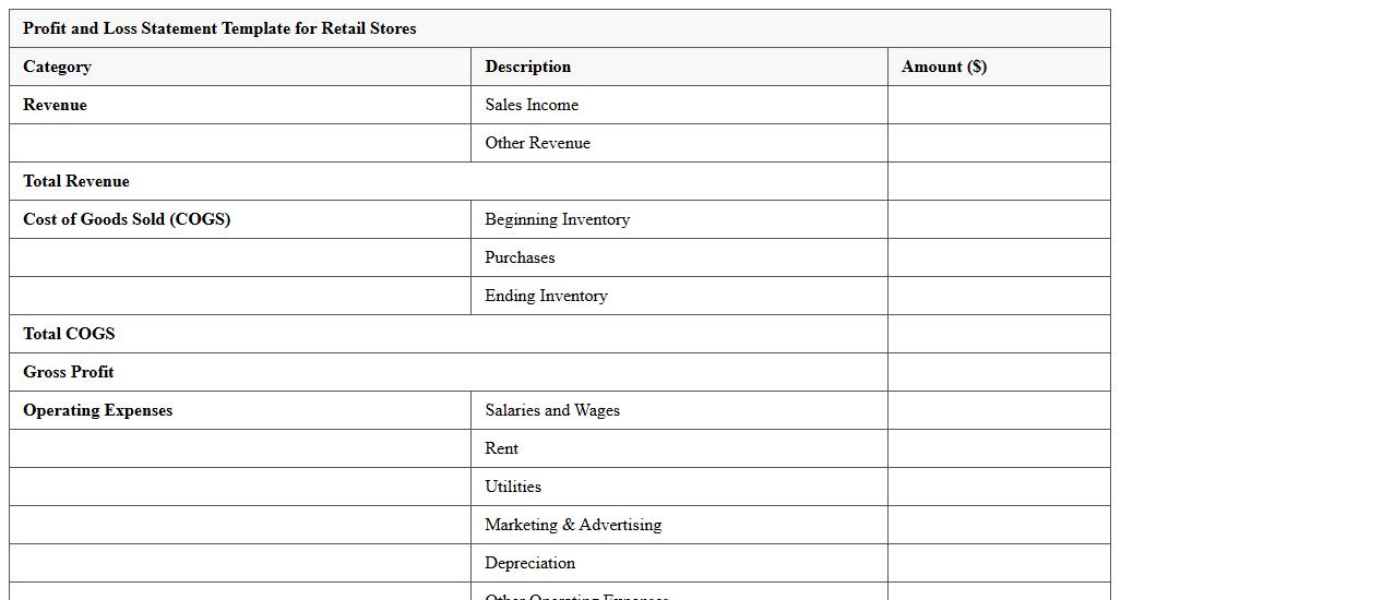 Profit and Loss Statement Template for Retail Stores