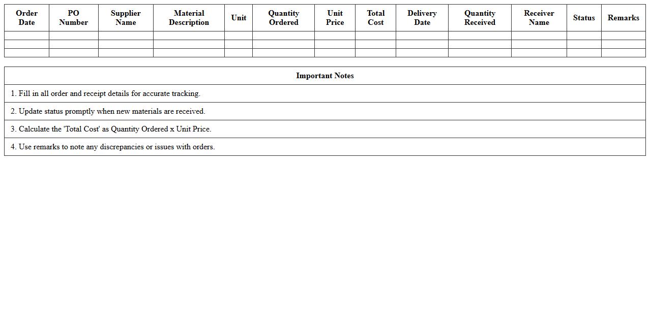 Project Materials Order & Receipt Excel Template