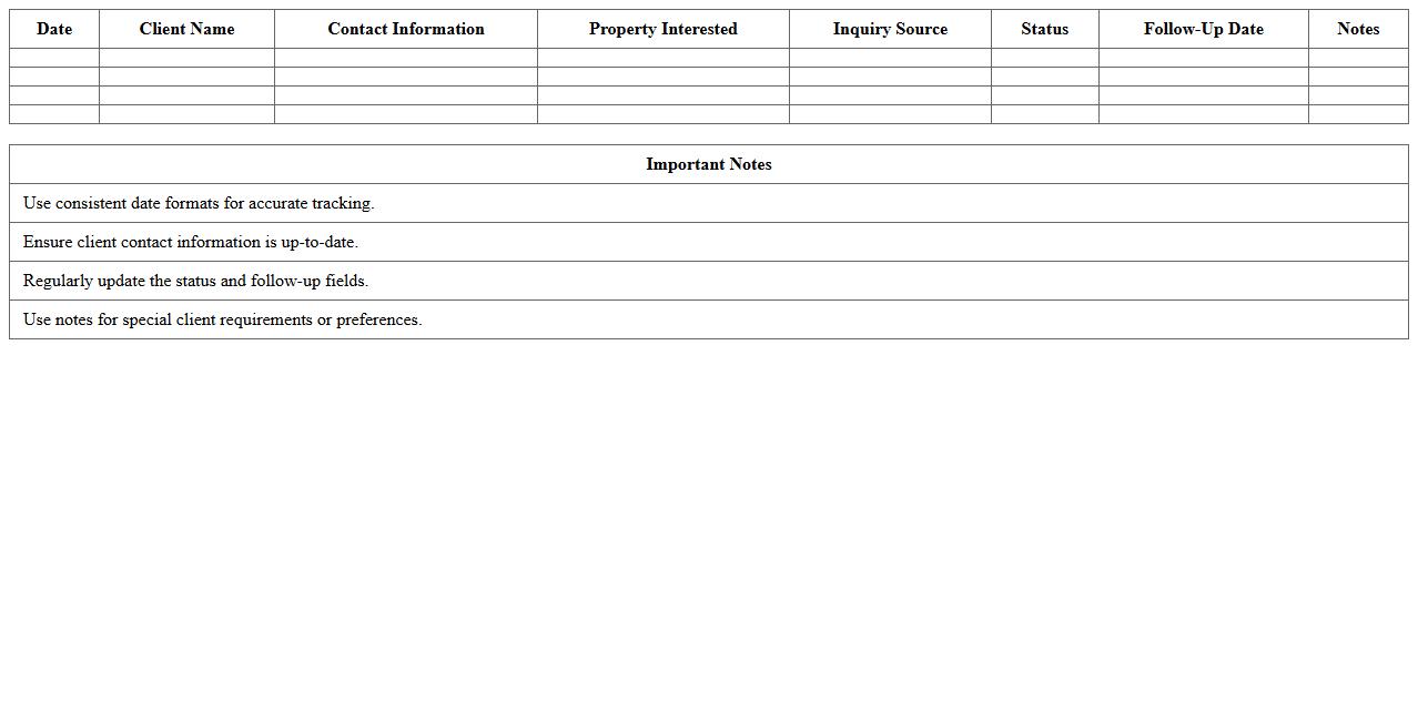 Property Inquiry Log Excel Template for Agents
