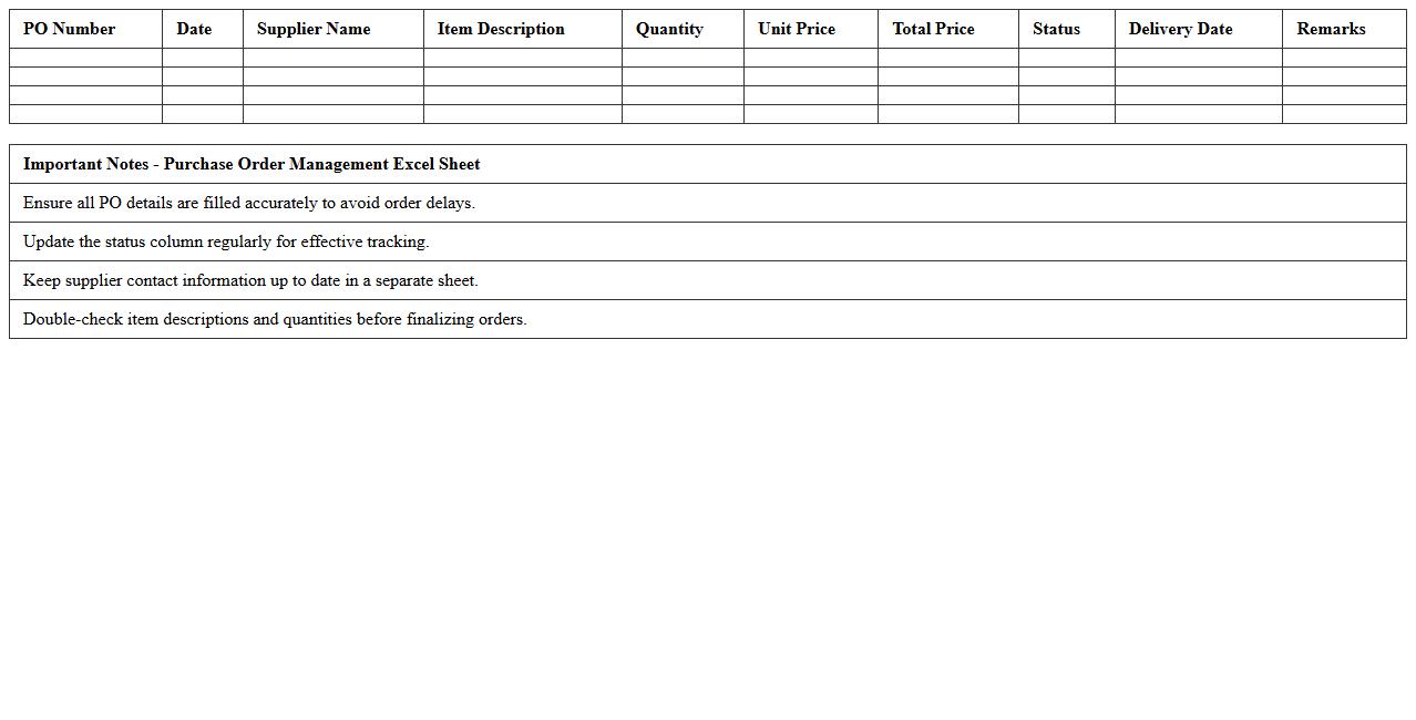 Purchase Order Management Excel Sheet