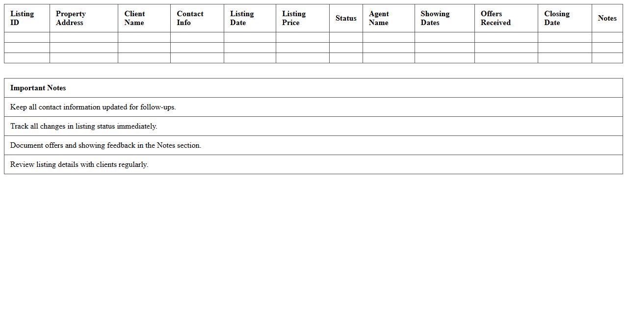 Real Estate Agent Listing Tracker Sheet