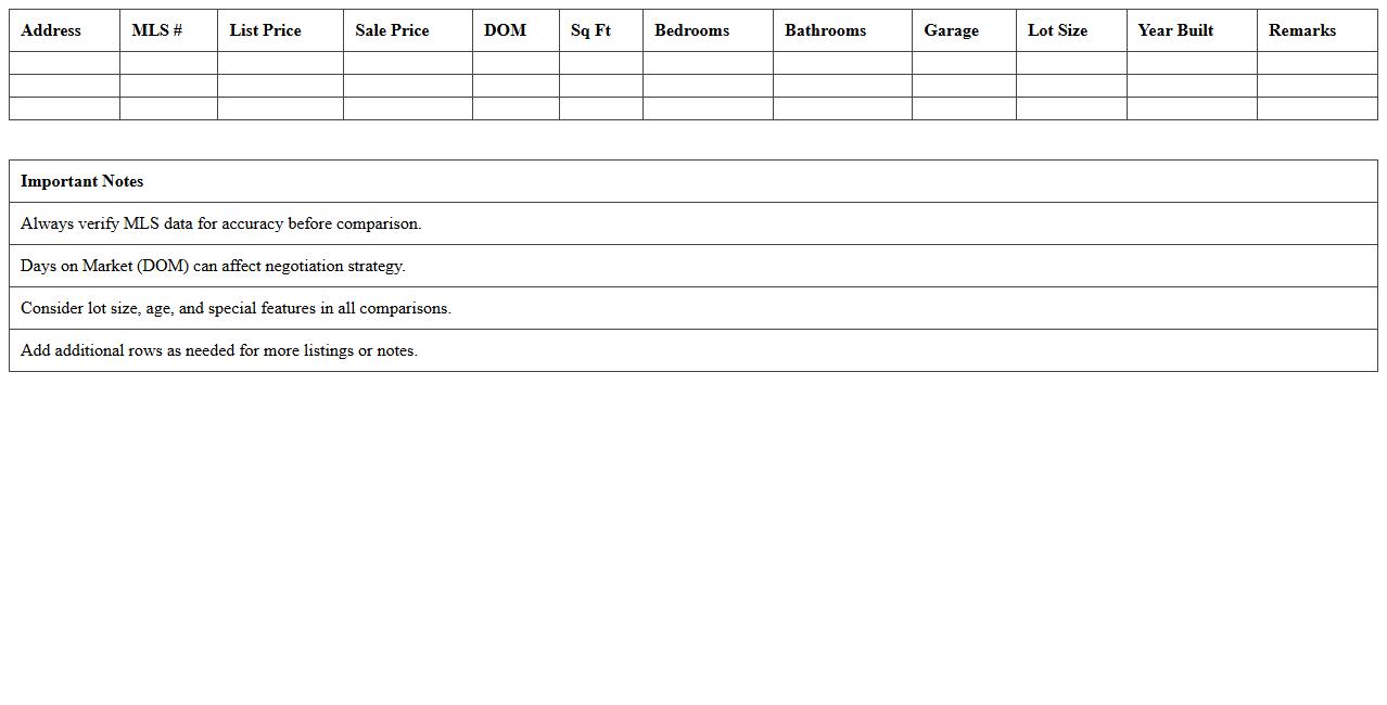 Real Estate Listing Comparative Worksheet