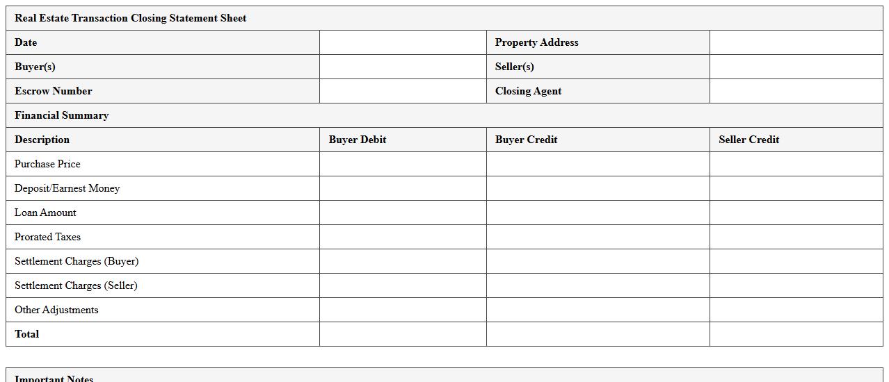 Real Estate Transaction Closing Statement Sheet