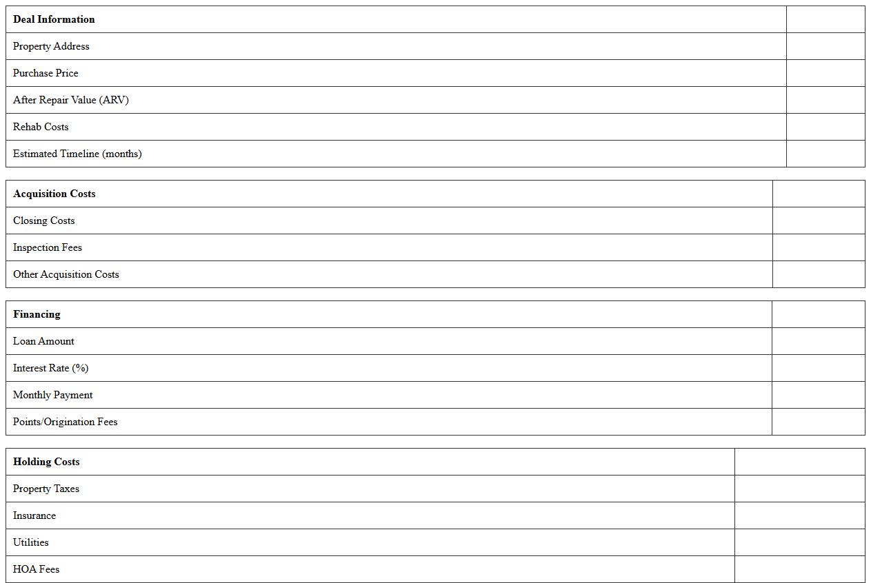 Residential Flip Deal Analyzer Excel Worksheet