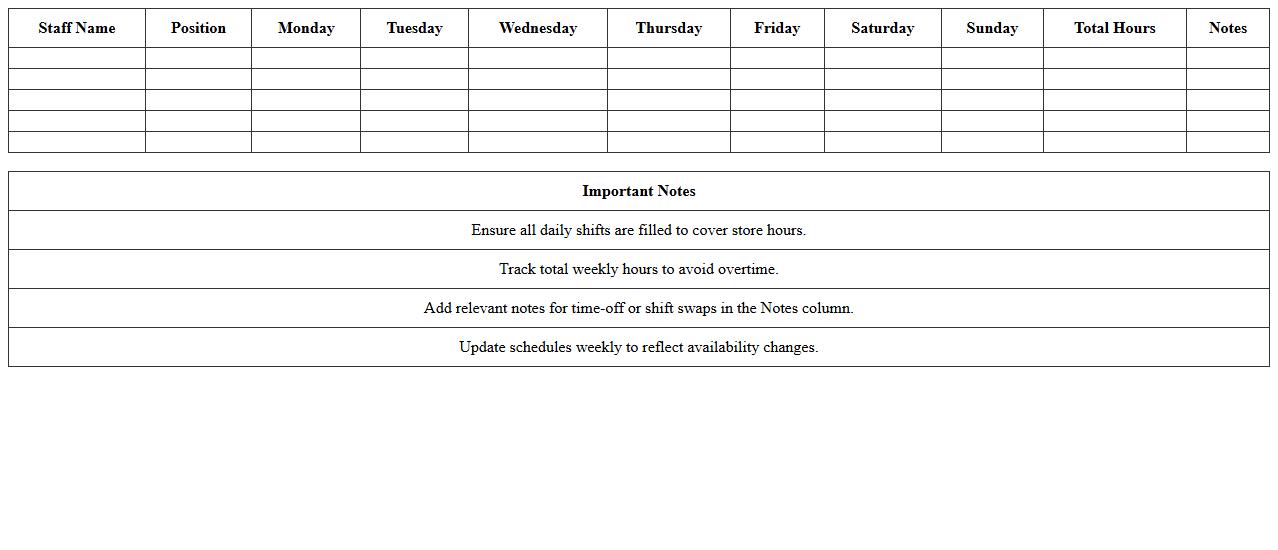 Retail Staff Weekly Shift Scheduler Excel Template