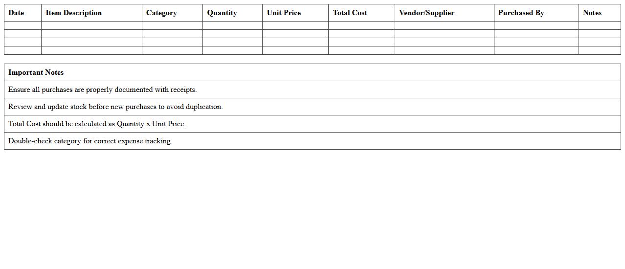 School Supplies Purchase Log Excel Template
