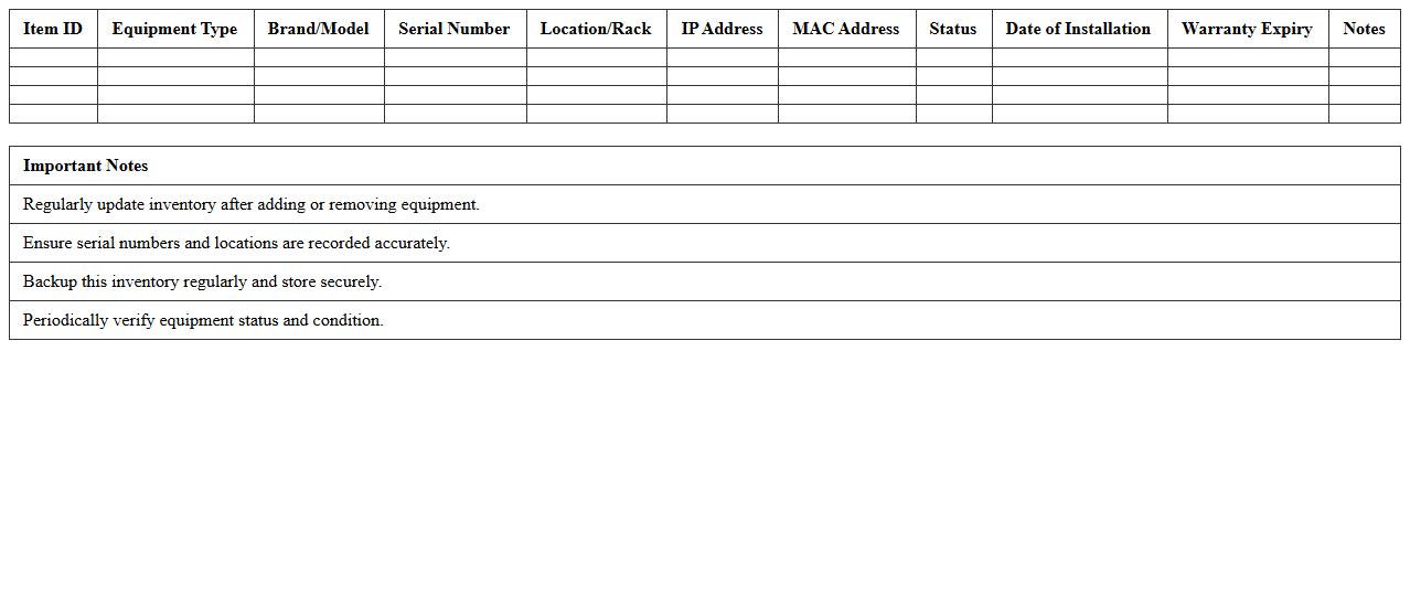 Server Room Equipment Inventory Excel