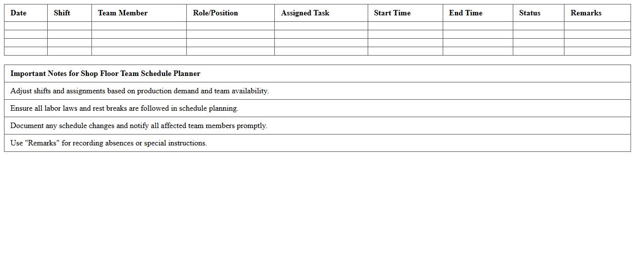 Shop Floor Team Schedule Planner Excel