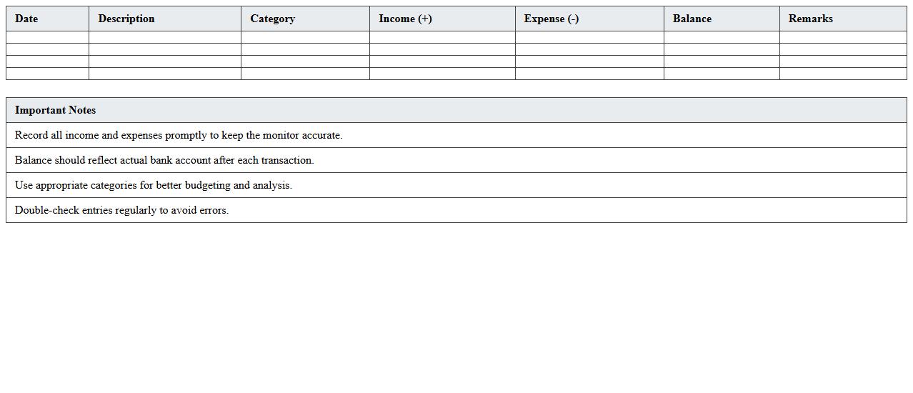 Simple Bank Account Cash Flow Monitor Excel