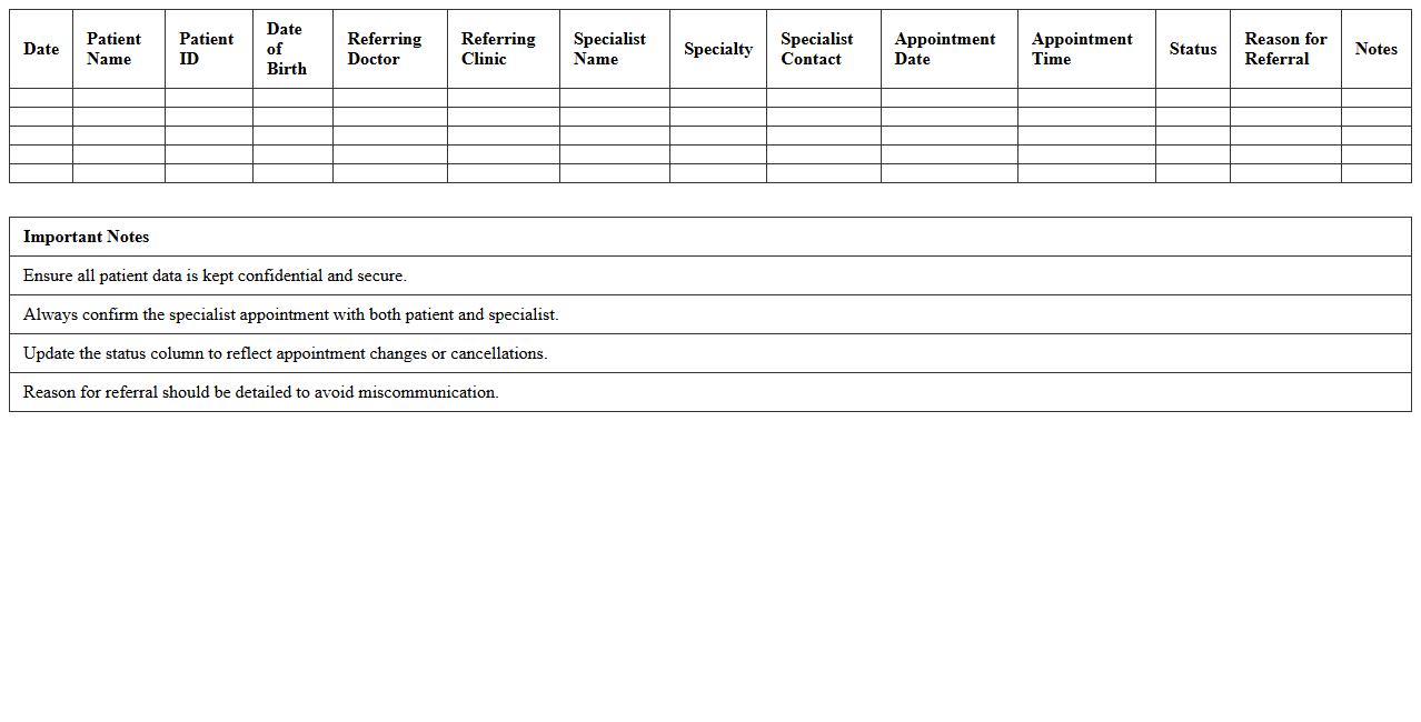 Specialist Referral Appointment Record Excel Sheet