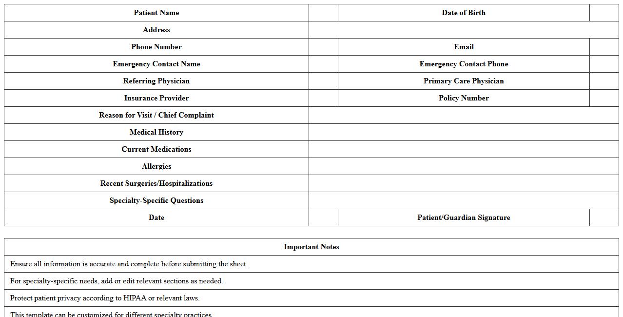Specialty Practice Patient Intake Sheet Excel Template