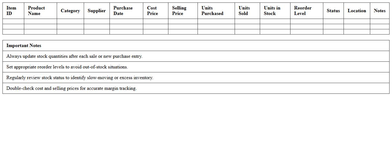 Stock Tracking Excel Template for Retail Inventory