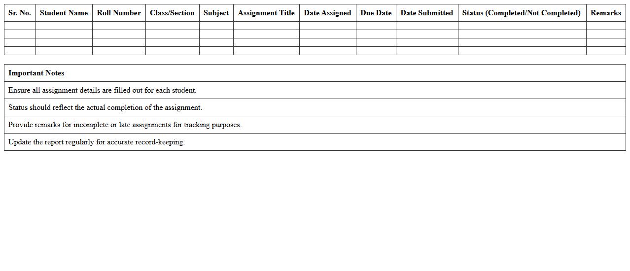 Student Assignment Completion Report Excel