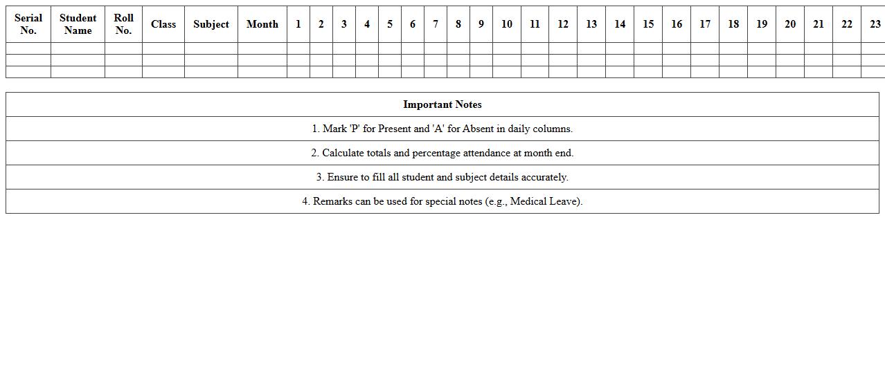 Subject-Wise Attendance Register Excel