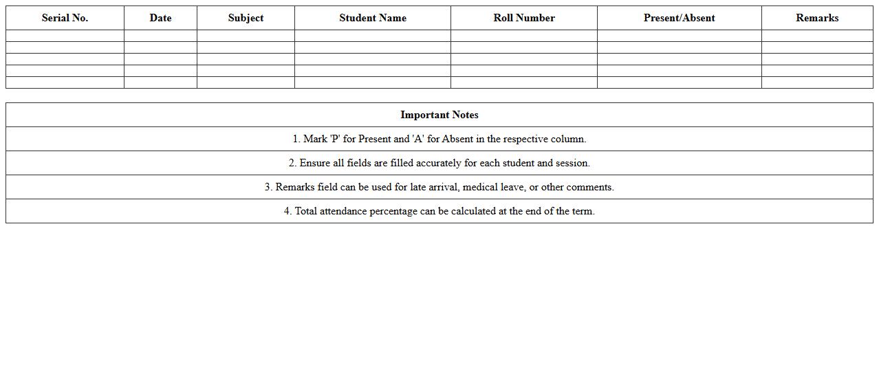 Subject-Wise Class Attendance Excel Log