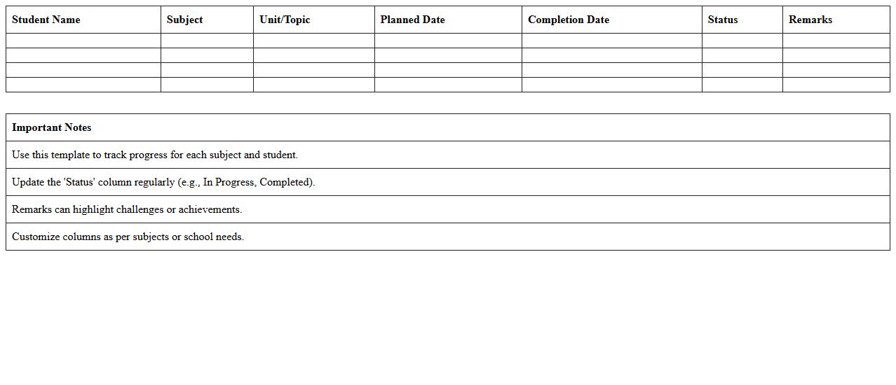 Subject-Wise Progress Monitoring Excel Template