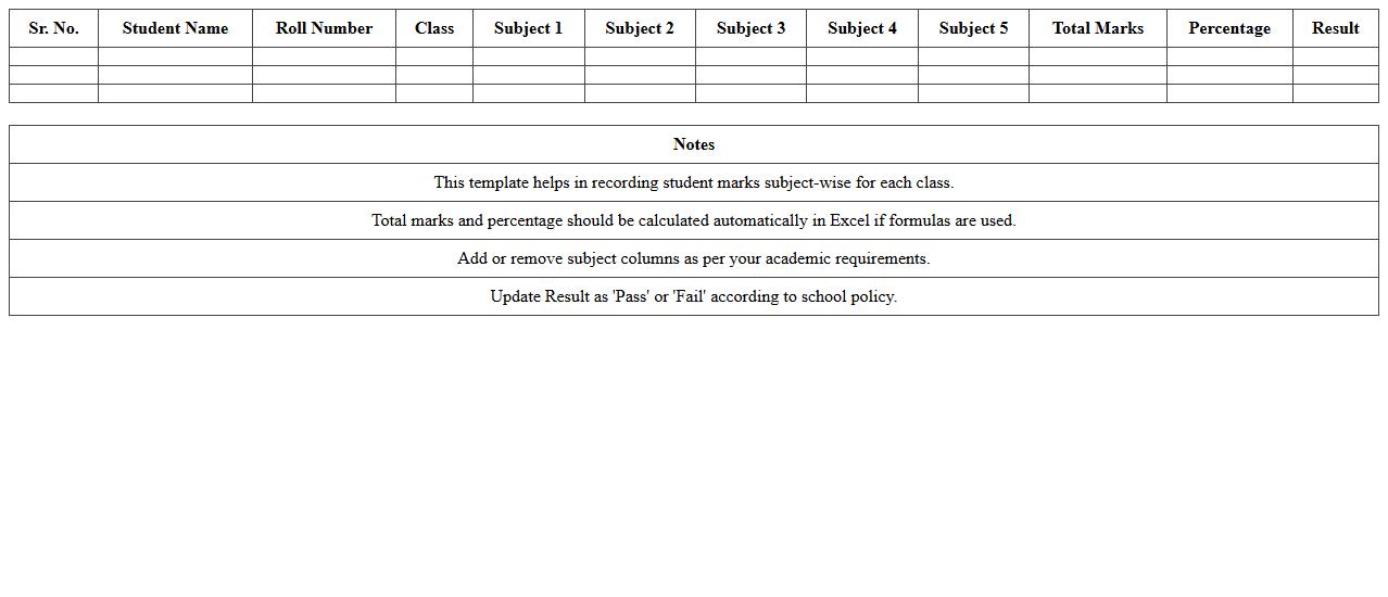 Subject-Wise Student Marks Register Excel Template