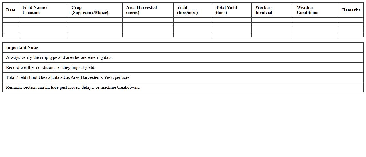 Sugarcane & Maize Harvest Log Excel Template