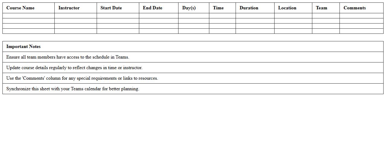 Technology Course Schedule Excel Sheet for Teams