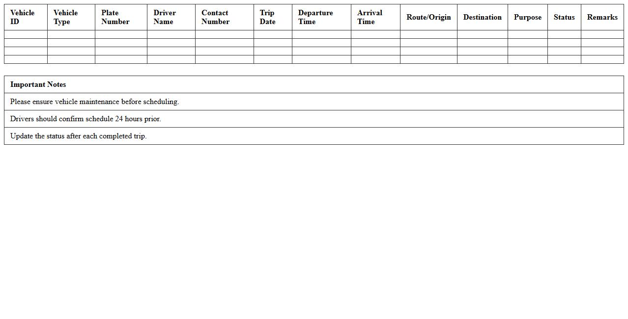 Transport Fleet Schedule Management Sheet