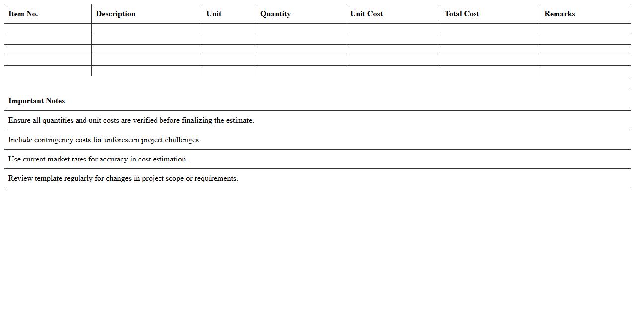 Transportation Project Cost Estimate Template