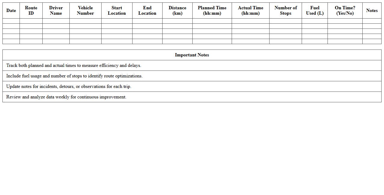 Transportation Route Efficiency Excel Template