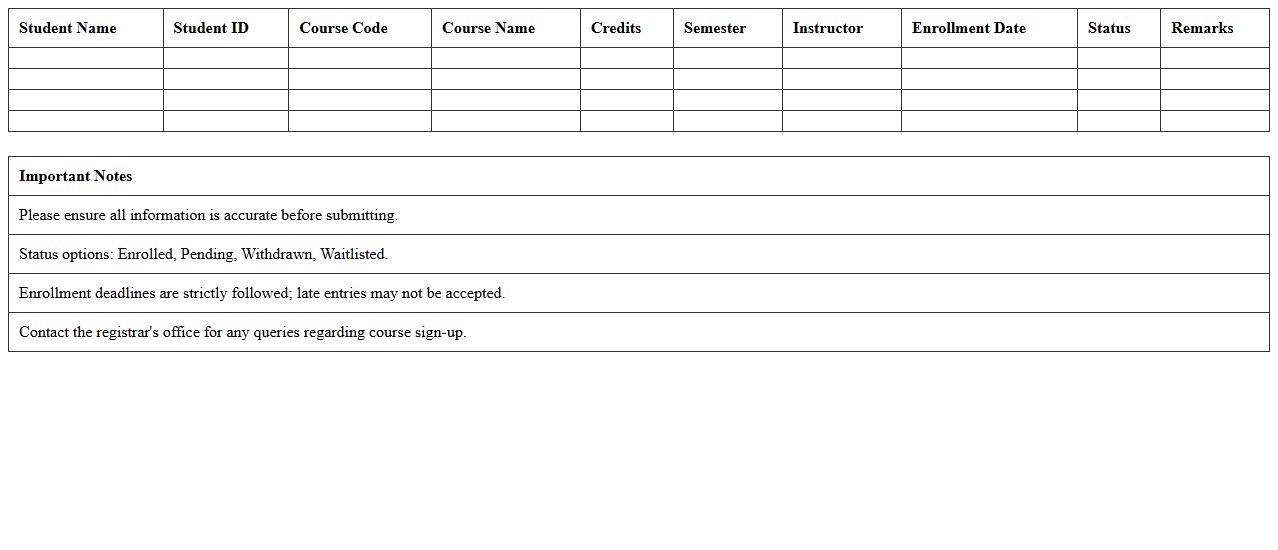University Course Sign-up Excel Sheet