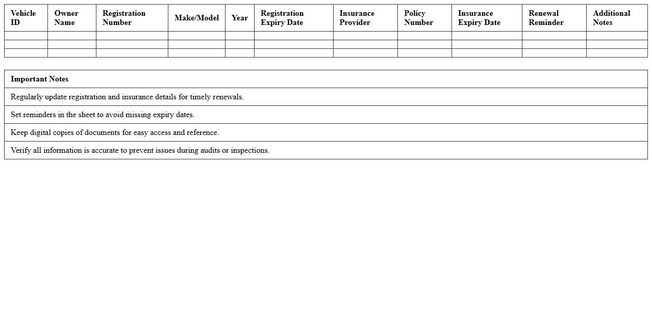 Vehicle Registration and Insurance Tracker Excel Sheet