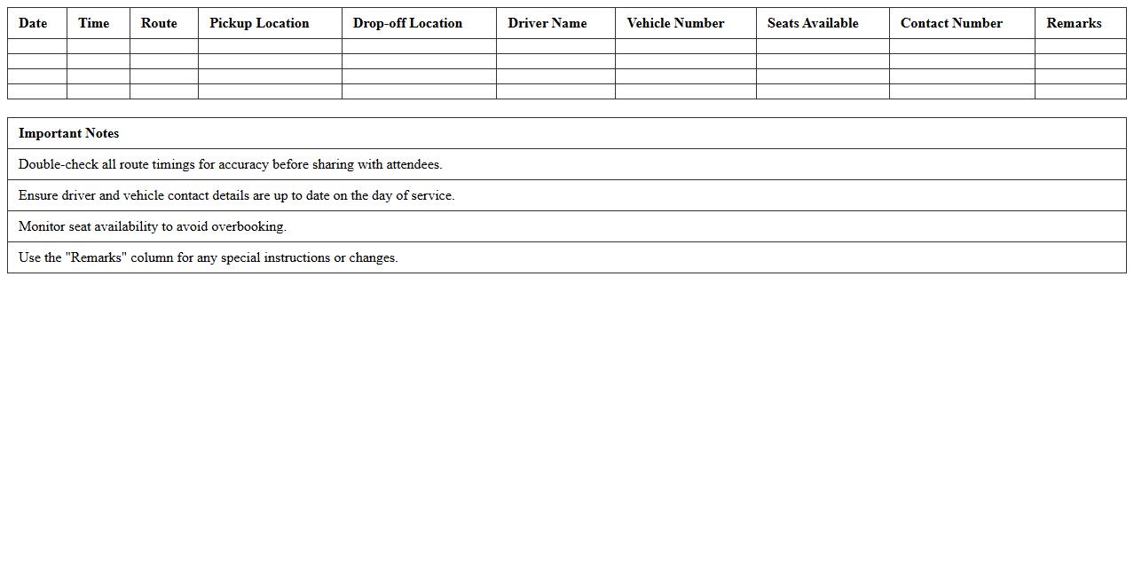 Venue Shuttle Service Management Excel Template