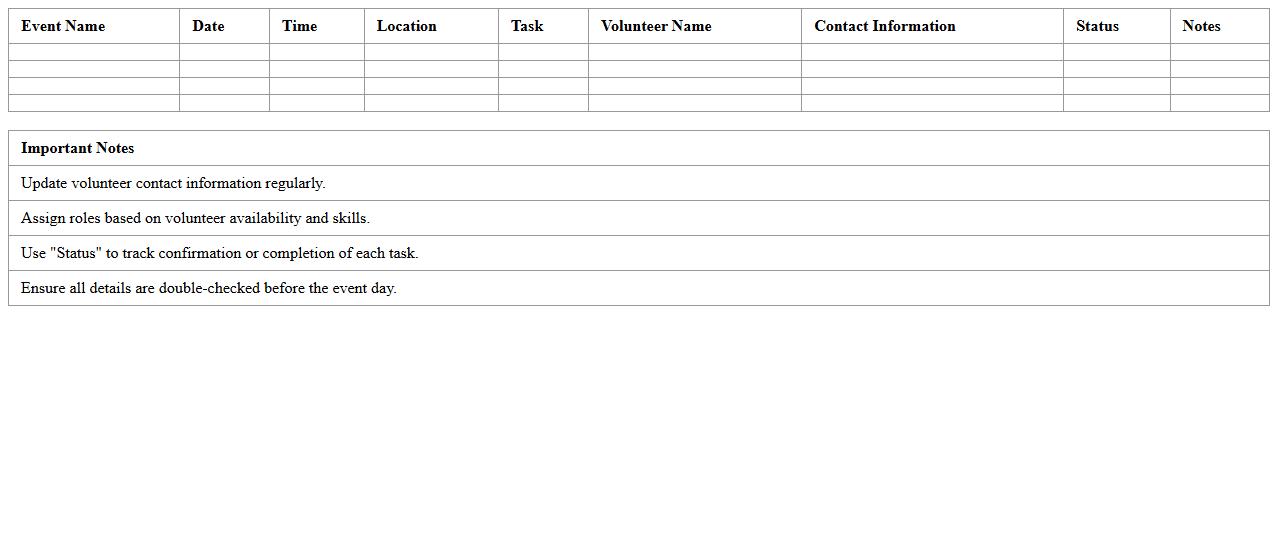 Volunteer Event Task Assignment Excel Spreadsheet
