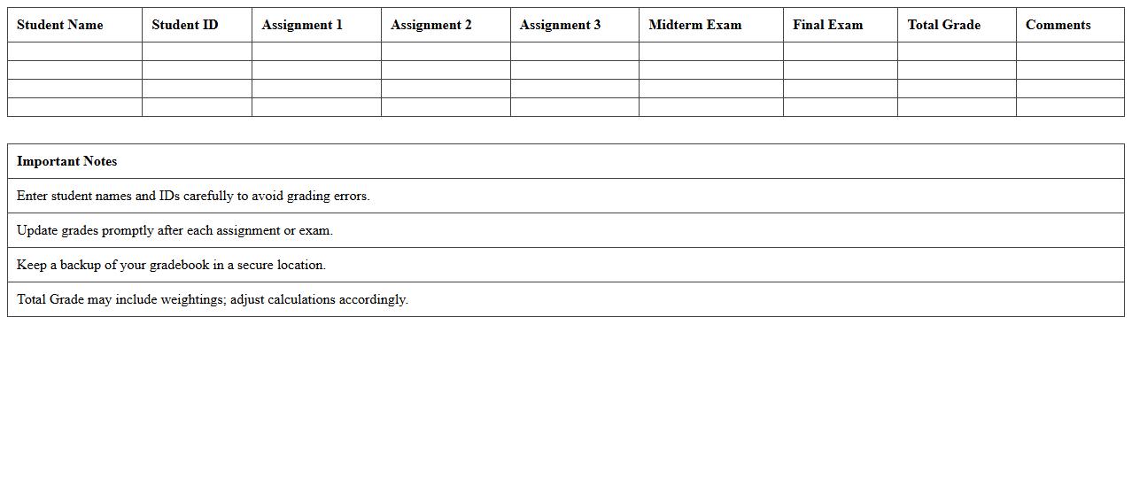 Assignment and Exam Gradebook Excel Template