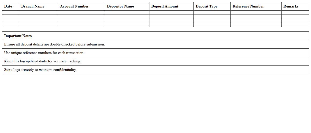 Bank Branch Deposit Log Excel Template