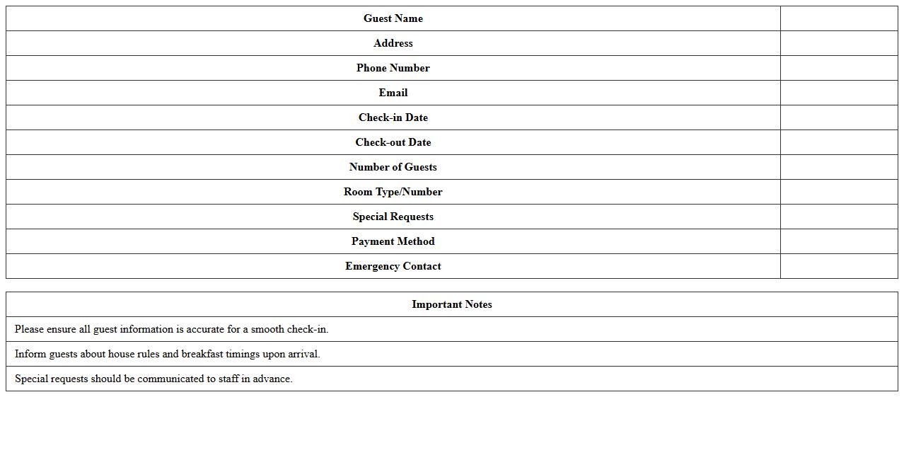 Bed & Breakfast Guest Intake Form Template
