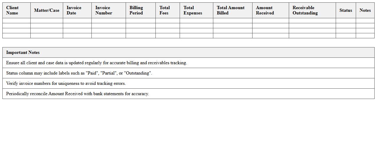 Billing and Receivables Summary Excel for Law Firms