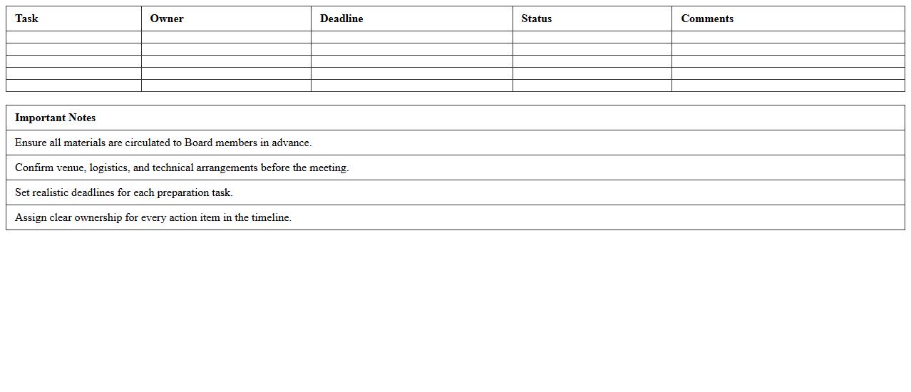Board Meeting Preparation Timeline Excel Sheet