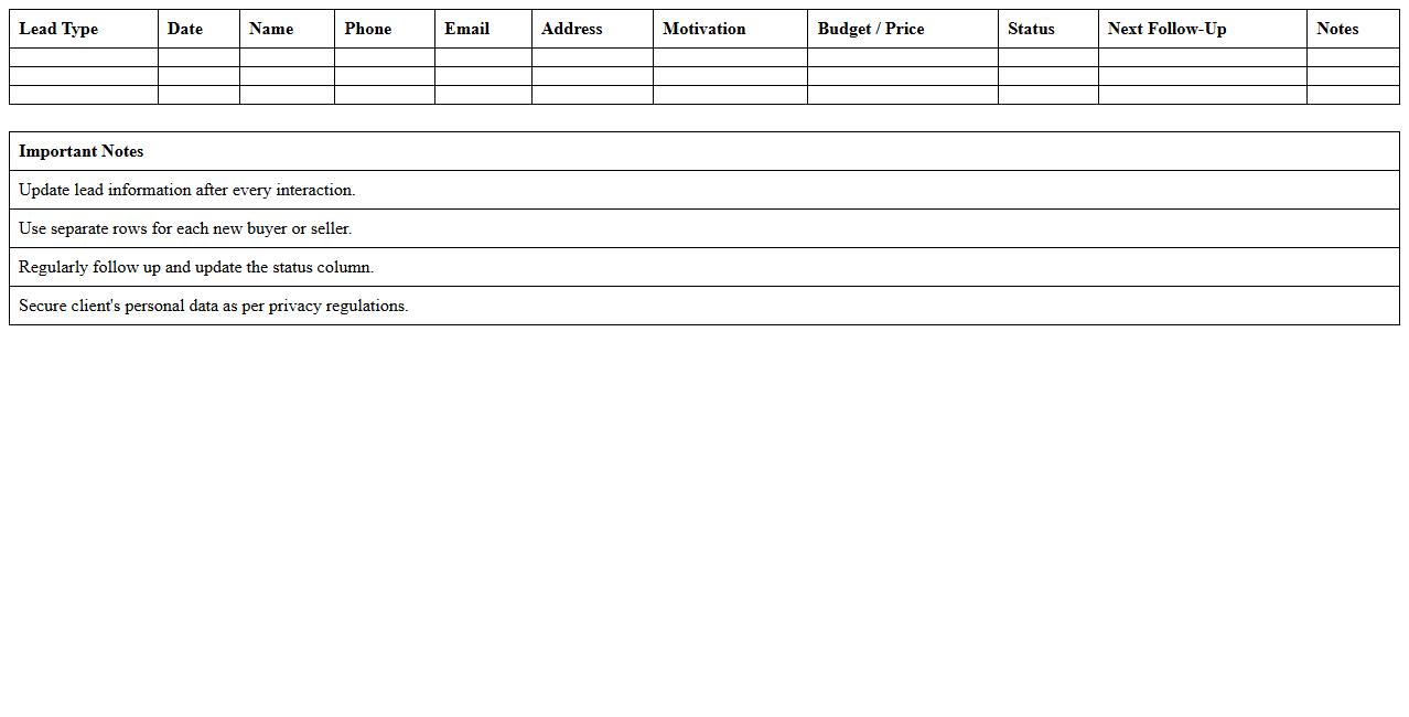 Buyer and Seller Lead Sheet Excel Template
