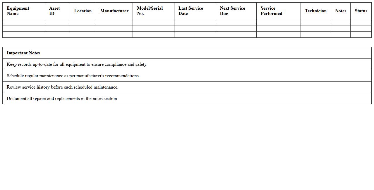 Clinic Equipment Service Record Excel Template