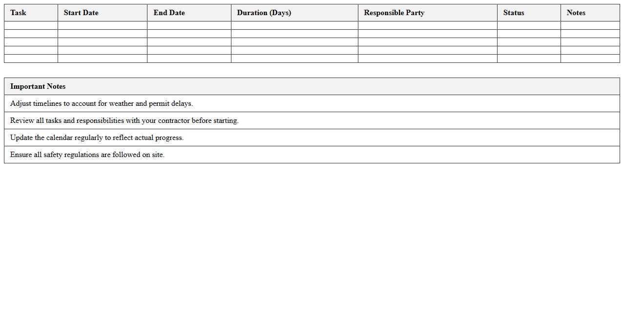 Construction Calendar for Residential Projects Excel