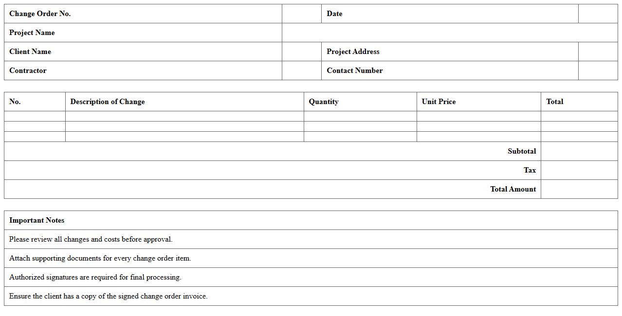 Construction Change Order Invoice Excel Template