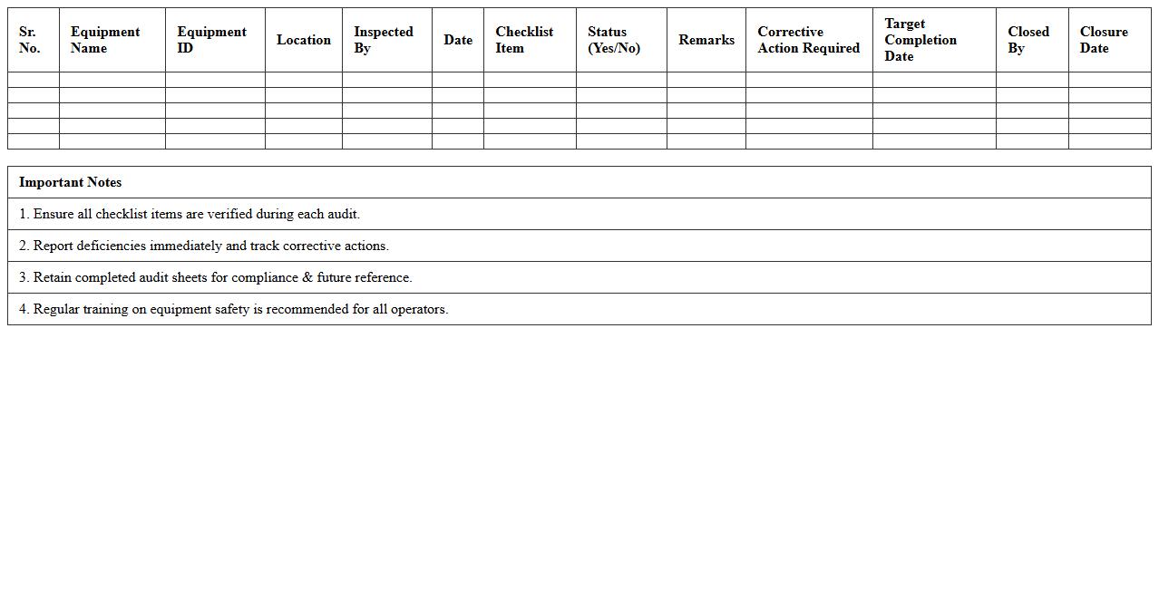Construction Equipment Safety Audit Excel Sheet