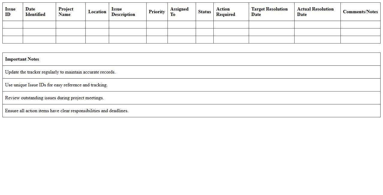 Construction Issue Resolution Excel Tracker