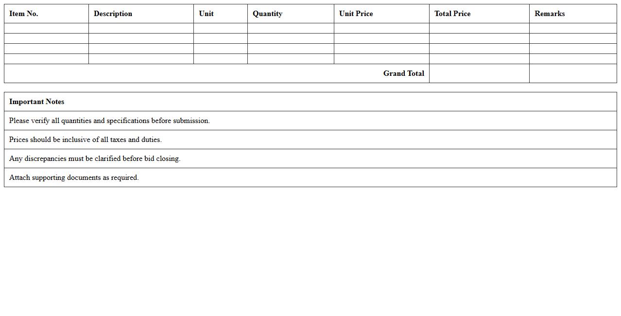 Construction Project Bid Summary Template