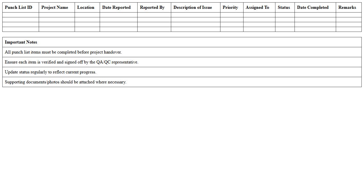 Contractor Quality Assurance Punch List Excel Sheet