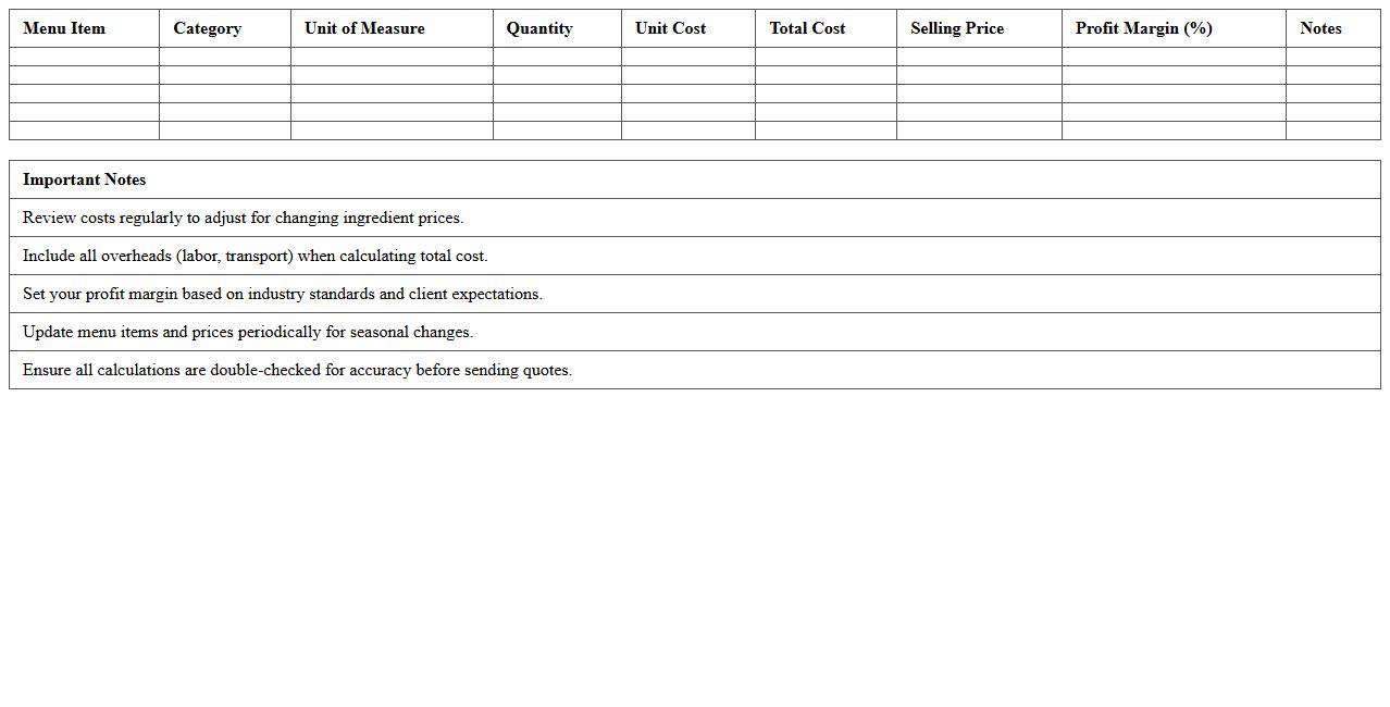 Corporate Catering Menu Costing Excel Sheet