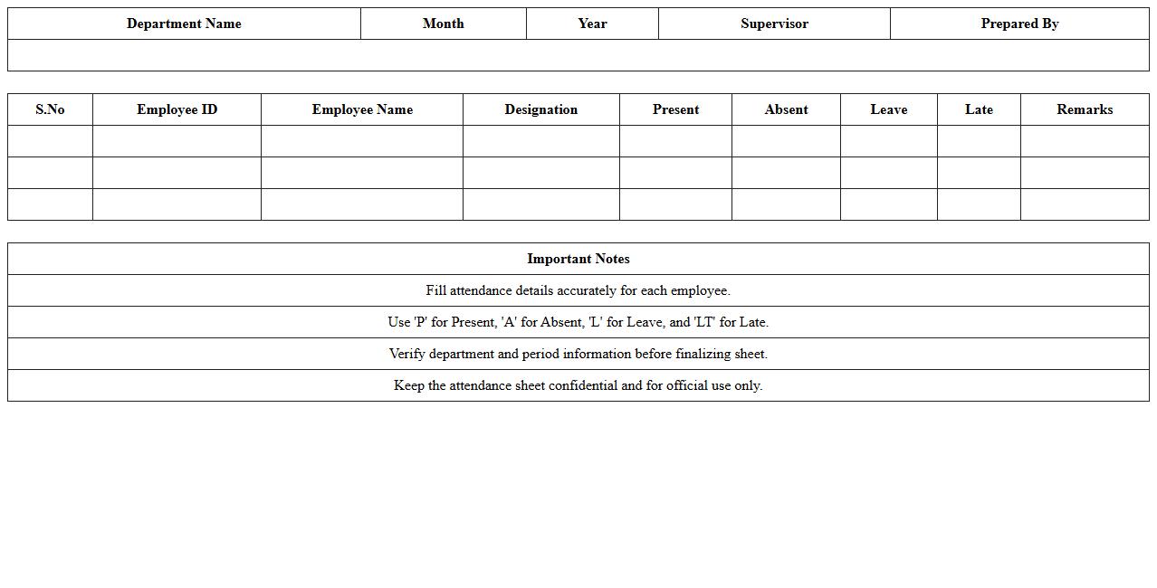 Department-wise Attendance Sheet Excel Format