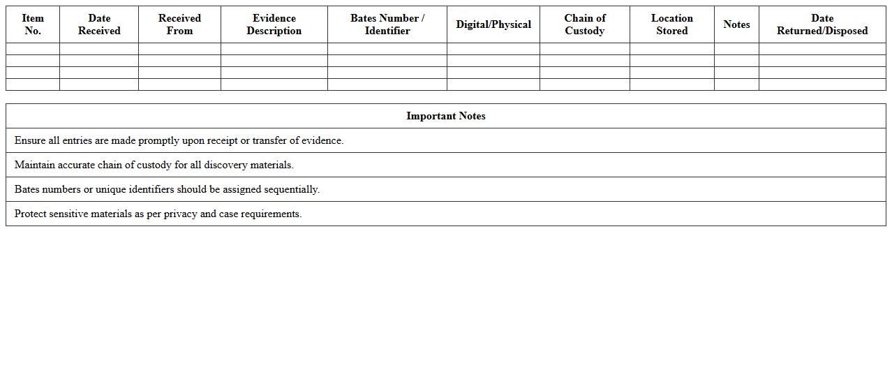 Discovery Evidence Tracking Excel Log